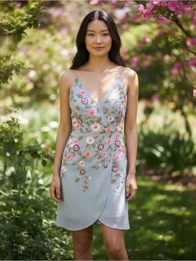 Gianni Bini Floral Embroidered Dress Size 2 Blue Pink Wrap V Neck Wedding Guest